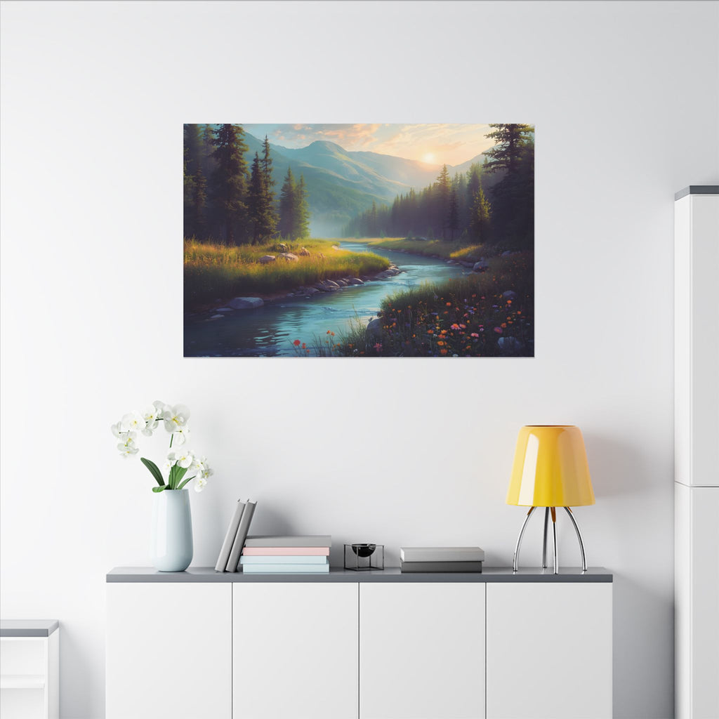 Wildflower River Landscape Canvas Print – Serene Pine Forest Nature Wall Art