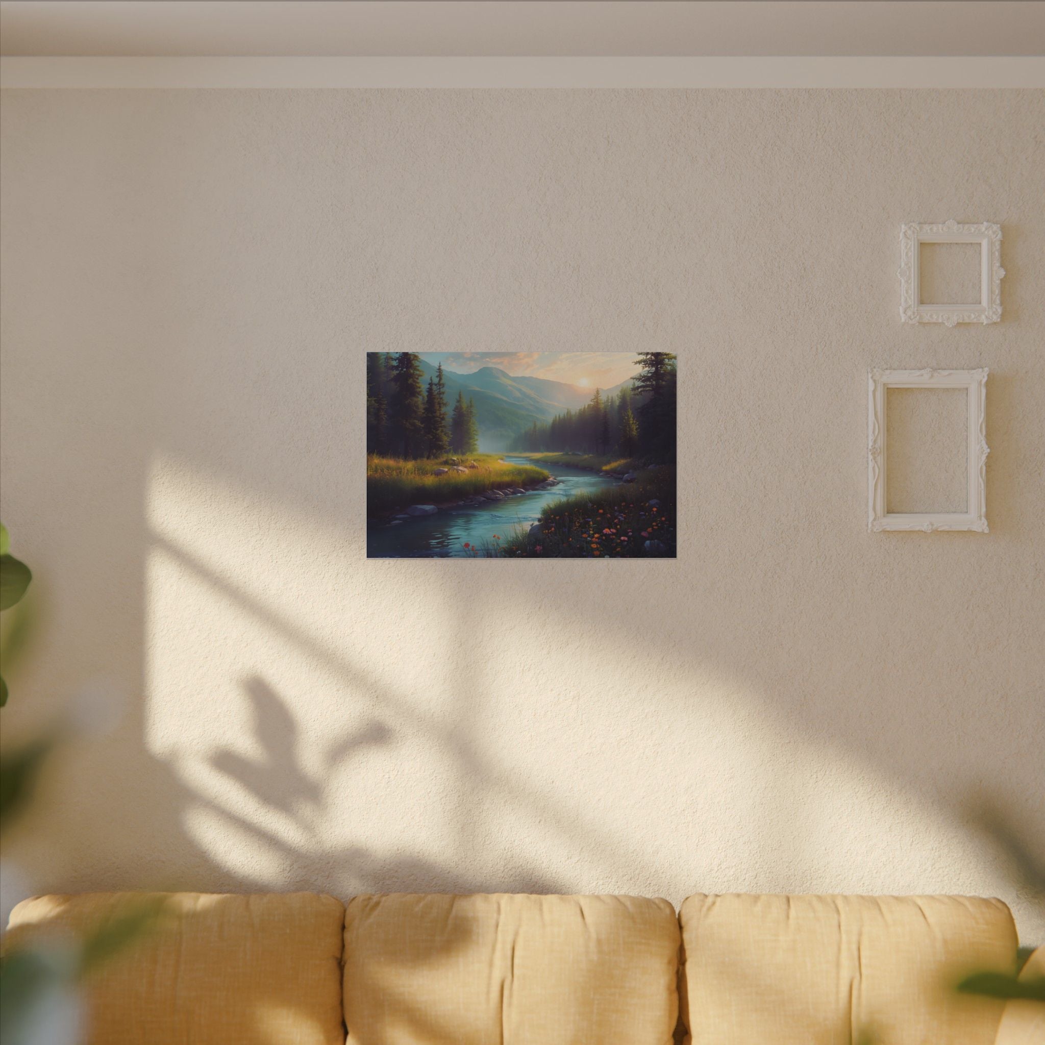 Wildflower River Landscape Canvas Print – Serene Pine Forest Nature Wall Art