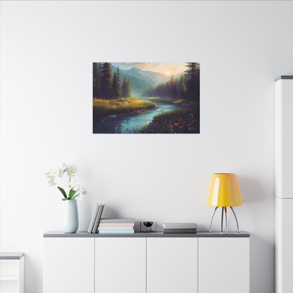 Wildflower River Landscape Canvas Print – Serene Pine Forest Nature Wall Art