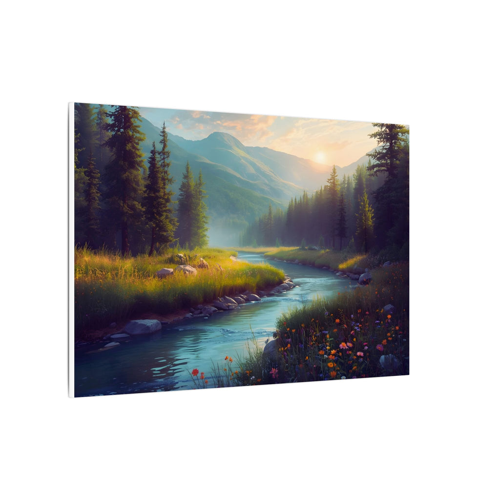 Wildflower River Landscape Canvas Print – Serene Pine Forest Nature Wall Art