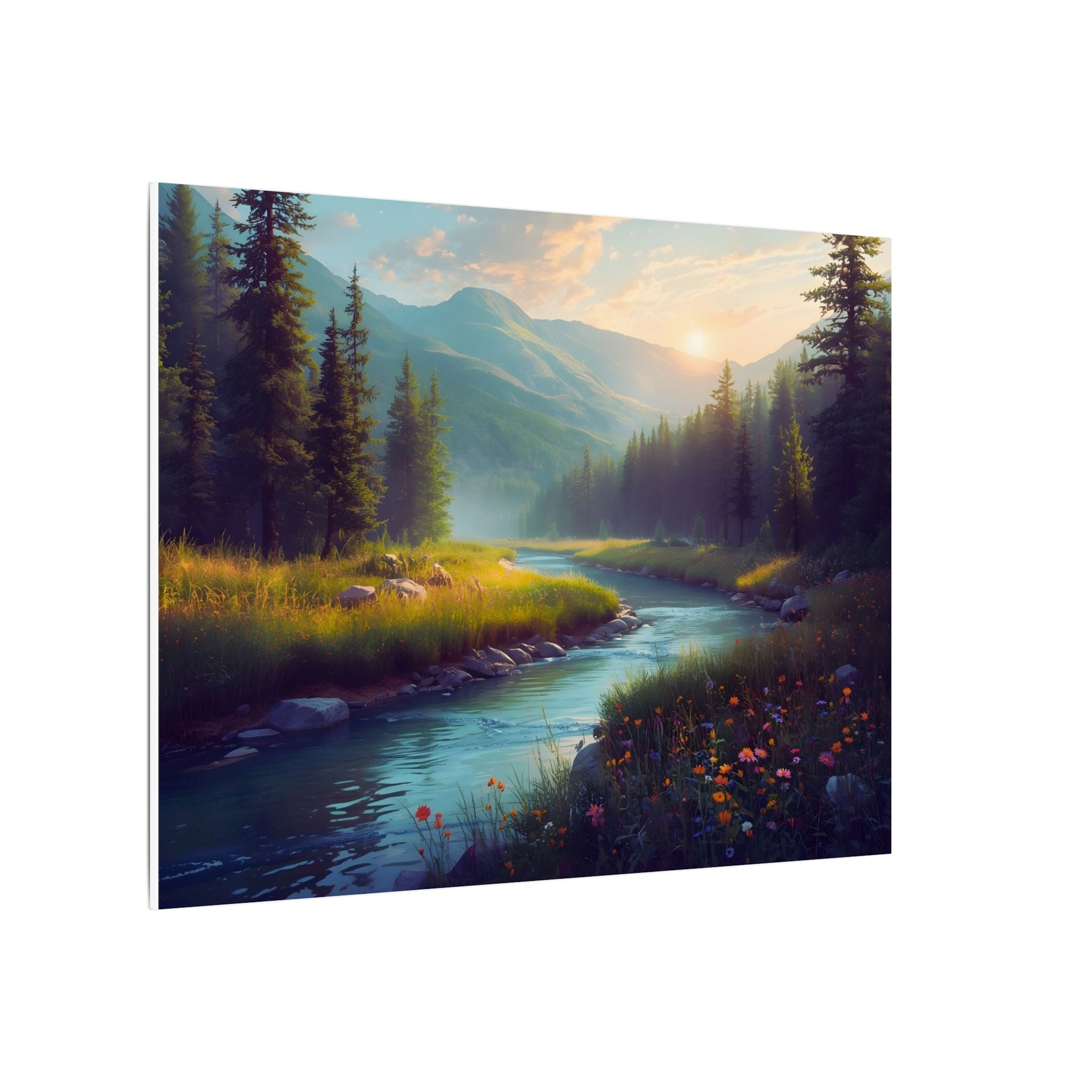 Wildflower River Landscape Canvas Print – Serene Pine Forest Nature Wall Art