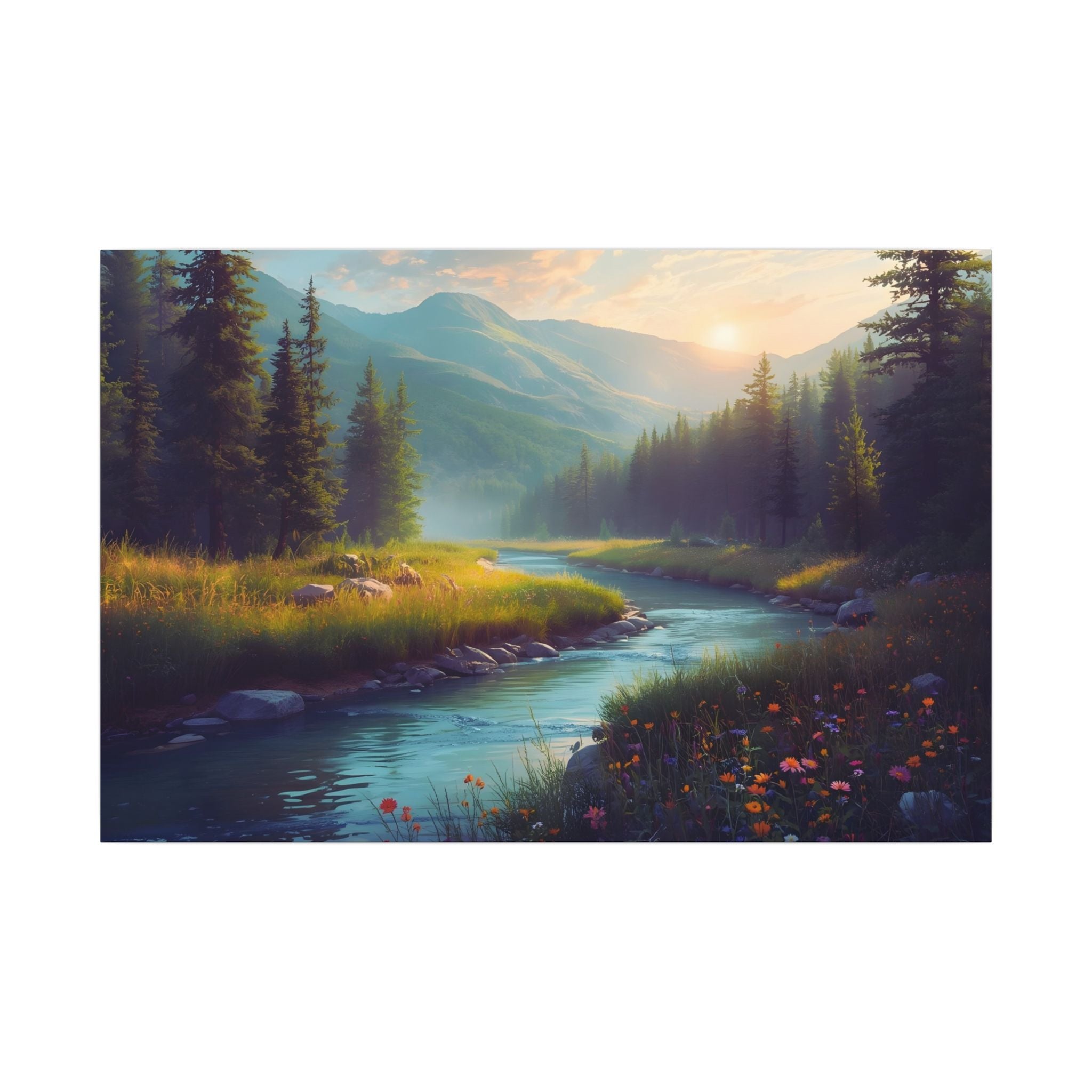 Wildflower River Landscape Canvas Print – Serene Pine Forest Nature Wall Art