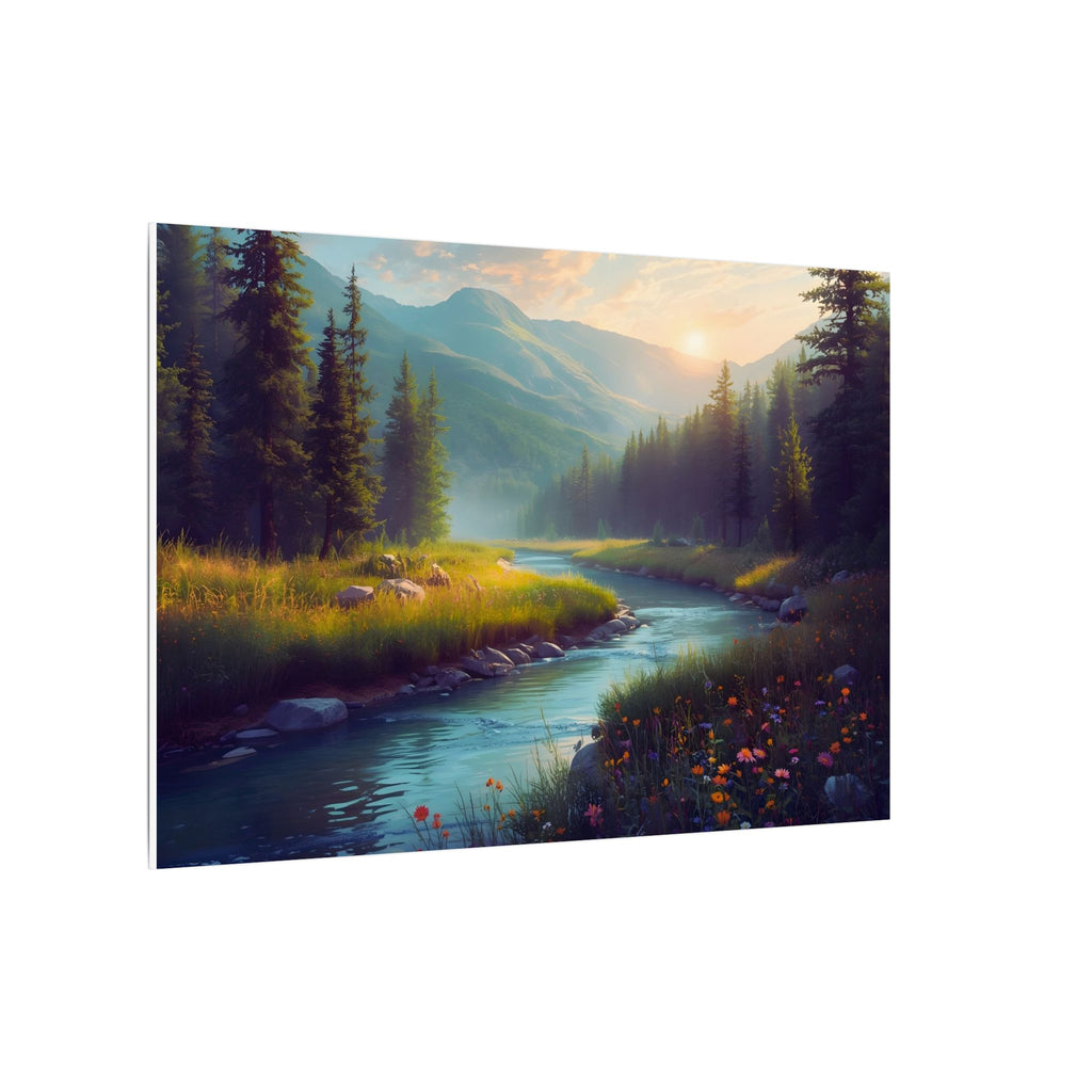 Wildflower River Landscape Canvas Print – Serene Pine Forest Nature Wall Art