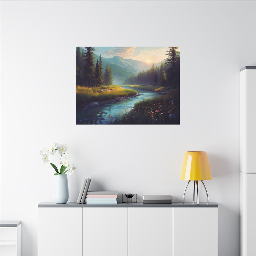 Wildflower River Landscape Canvas Print – Serene Pine Forest Nature Wall Art