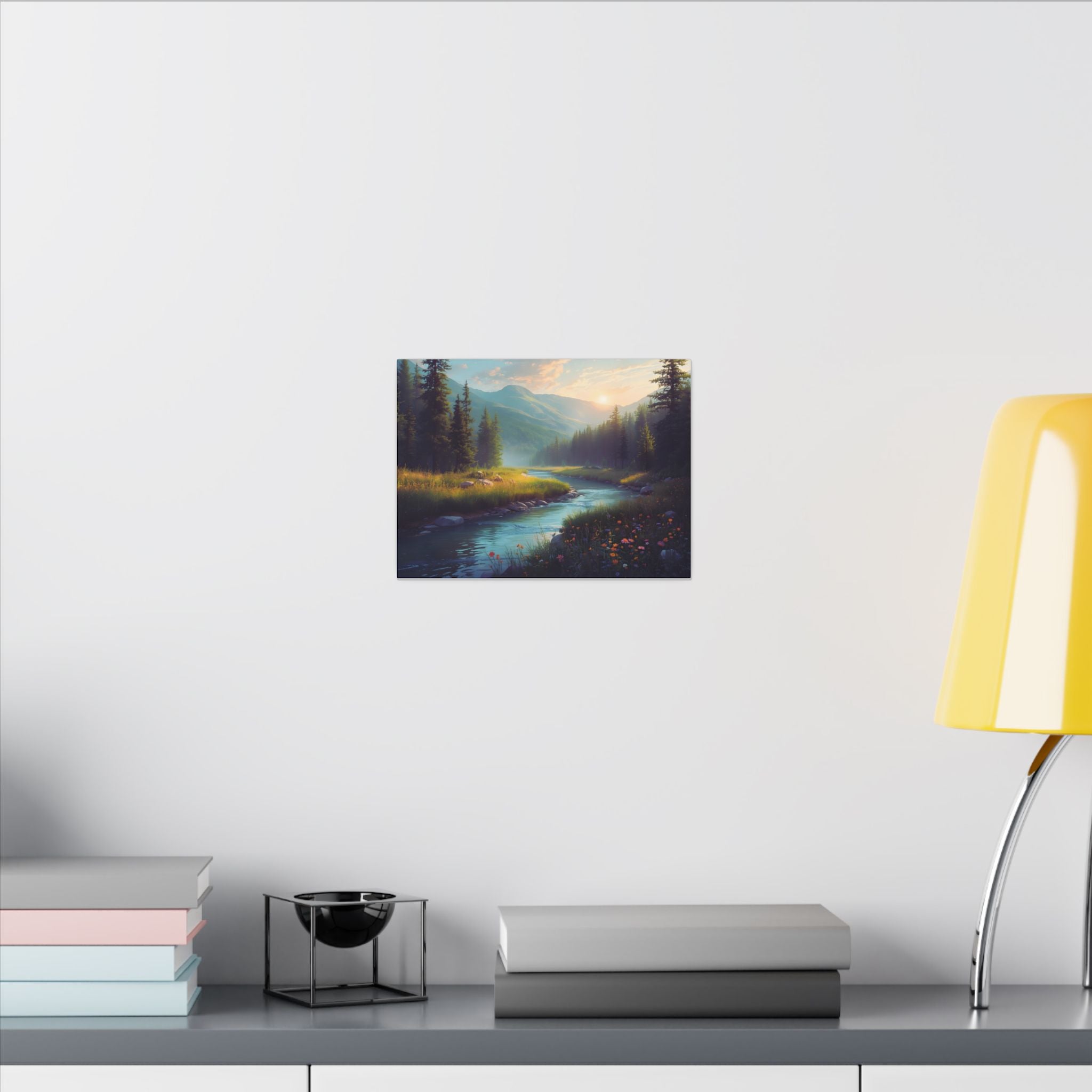 Wildflower River Landscape Canvas Print – Serene Pine Forest Nature Wall Art