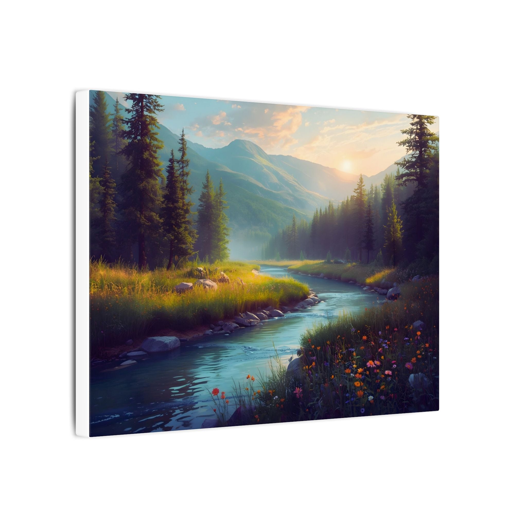 Wildflower River Landscape Canvas Print – Serene Pine Forest Nature Wall Art