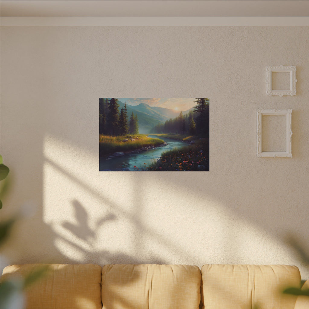Wildflower River Landscape Canvas Print – Serene Pine Forest Nature Wall Art