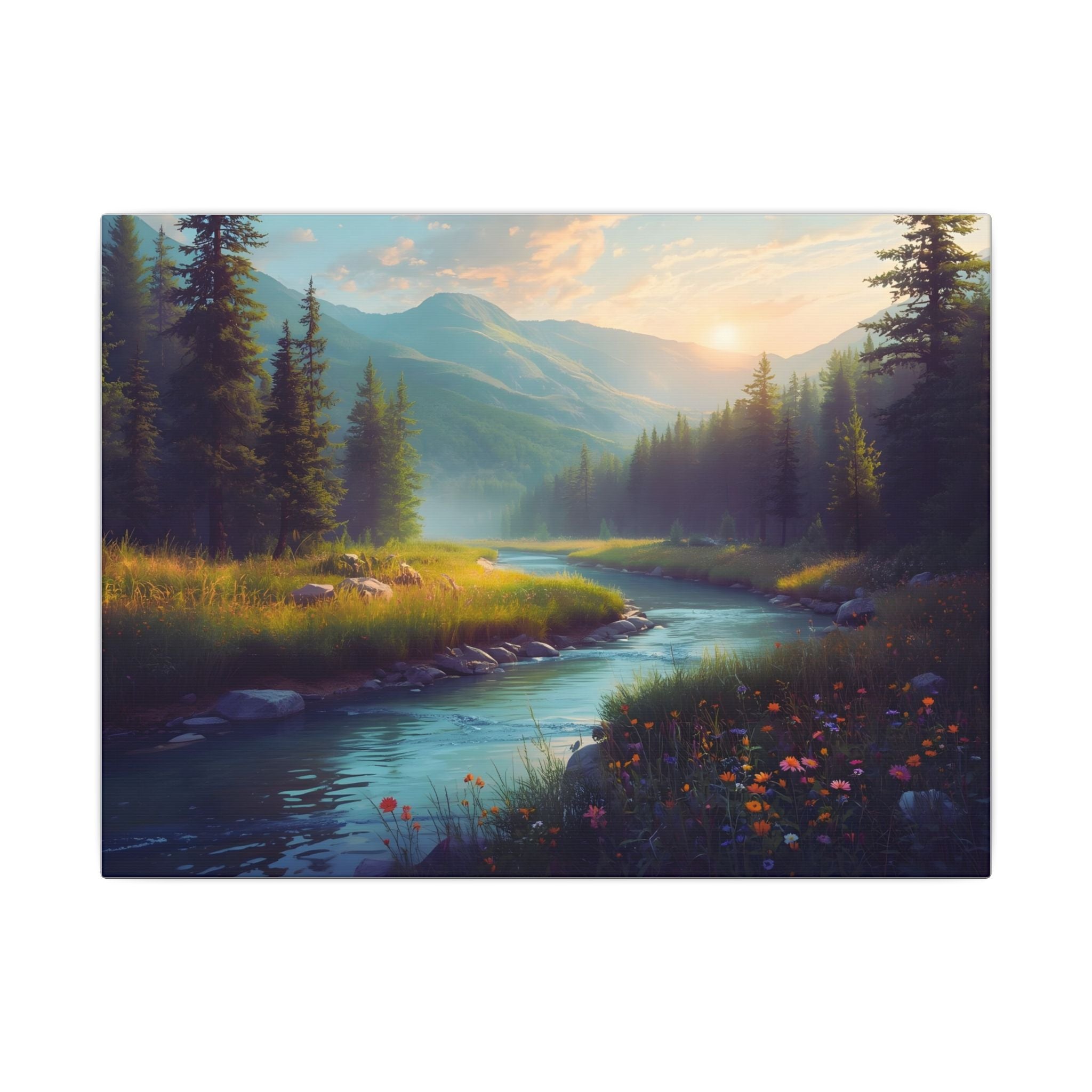 Wildflower River Landscape Canvas Print – Serene Pine Forest Nature Wall Art