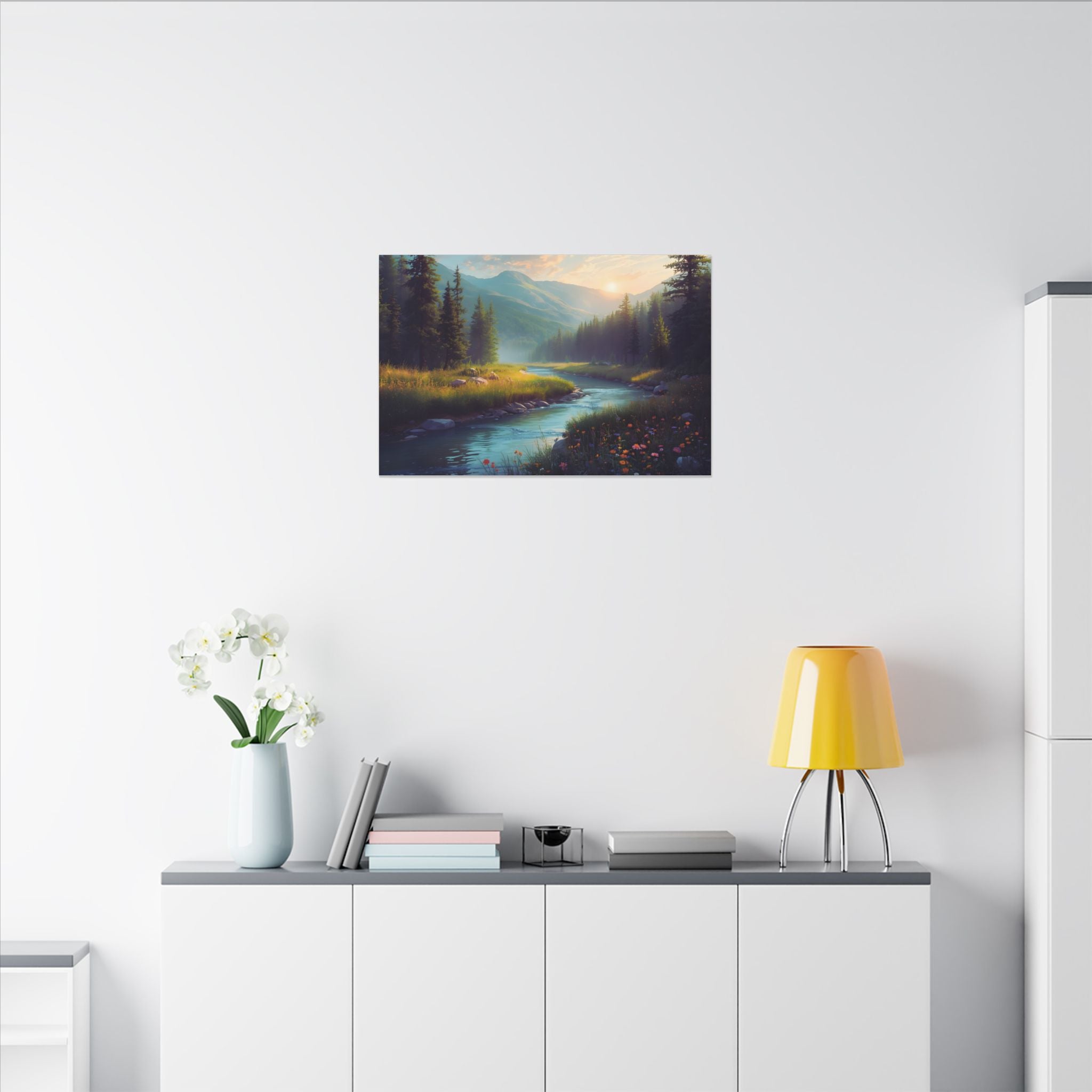 Wildflower River Landscape Canvas Print – Serene Pine Forest Nature Wall Art