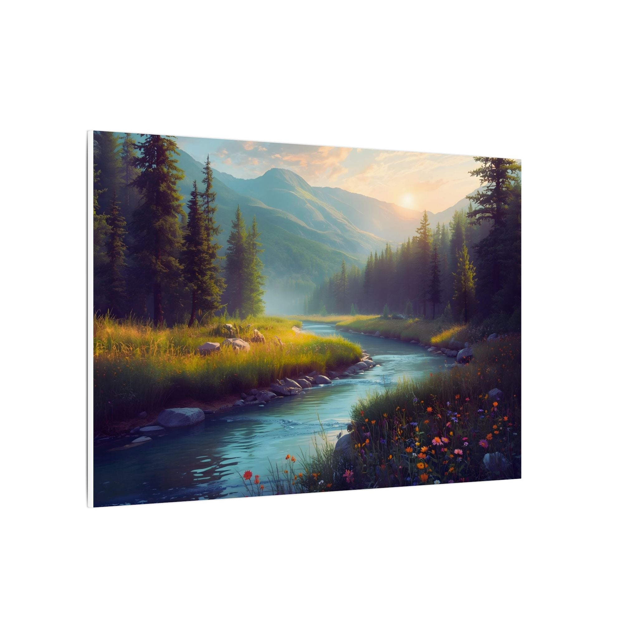 Wildflower River Landscape Canvas Print – Serene Pine Forest Nature Wall Art